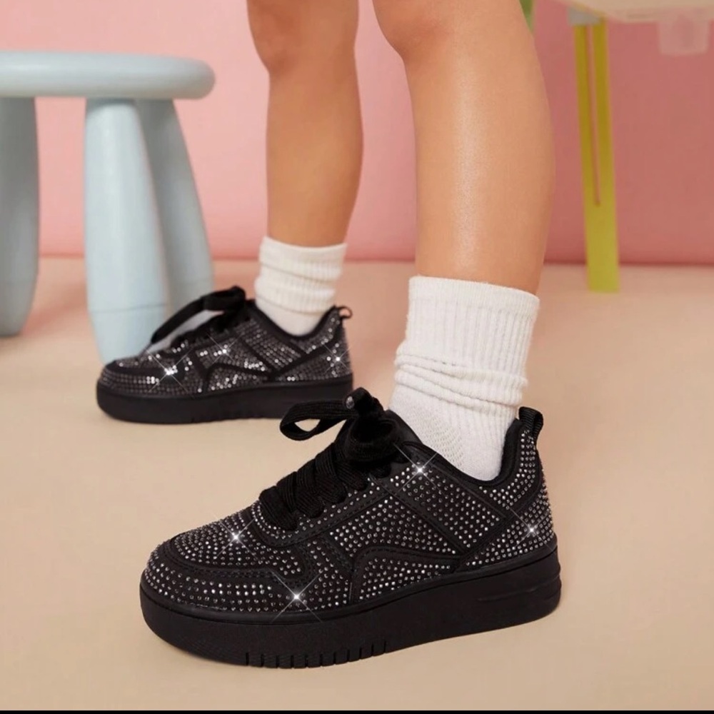 Kids Black Rhinestone Lace-Up Sneakers